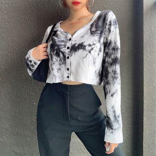 Long-sleeve Buttoned Tie-dye Crop Top
