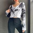 Long-sleeve Buttoned Tie-dye Crop Top
