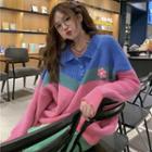 Color-block Loose-fit Sweater Blue & Pink & Green - One Size