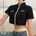 Short-sleeve Lettering Print Zip Crop Shirt