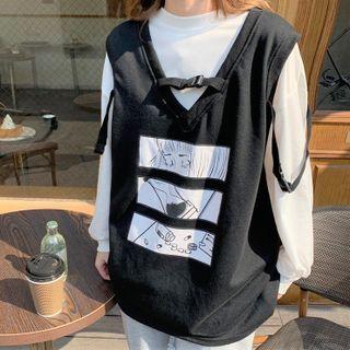 Plain Sweatshirt / Print V-neck Vest
