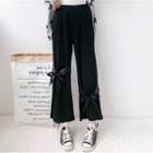 Ribbed Wide Leg Bow Pants Black - One Size
