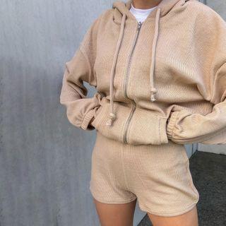 Set: Plain Corduroy Hooded Zipped Jacket + Hot Pants