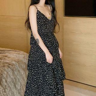 Dotted V-neck Layered Midi Dress