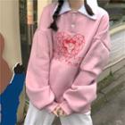 Fleece Collar Heart Print Polo Sweatshirt