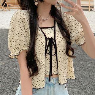 Set: Short-sleeve Floral Print Tie-front Top + Camisole Top