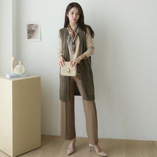 Open-front Slit-side Long Knit Vest