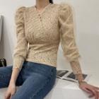 Scallop-edge Mesh-overlay Lace Blouse