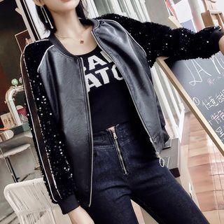 Sequined Paneled Faux Leather Zip Bomber Jacket