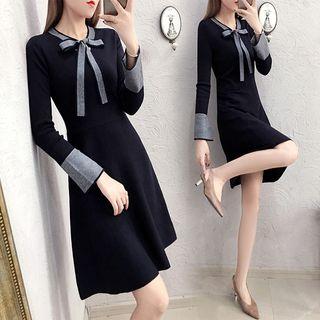 Bell-sleeve Tie-neck A-line Knit Dress