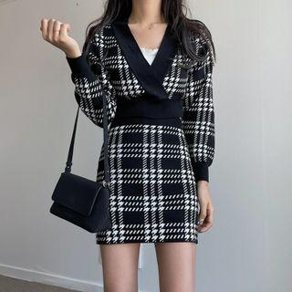 Puff-sleeve Plaid Knit Top / Skirt