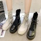 Knit Panel Lace-up Faux-leather Short Boots