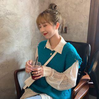 Dotted Chiffon Shirt / V-neck Knit Vest
