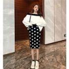 Two-tone Off-shoulder Sweater / Dotted Knitted Pencil Skirt