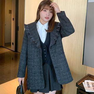 Wood Ear Trim Collar V-neck Plaid Jacket