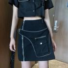 Short-sleeve Buckled Cropped Shirt / A-line Cargo Skirt / Set