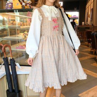 Long-sleeve Tie-neck Blouse / Plaid Frill Trim A-line Pinafore Dress