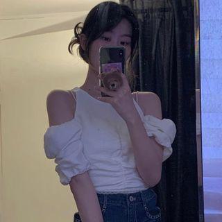 Puff-sleeve Cold Shoulder Crop Top As Shown In Figure - One Size