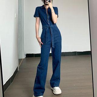 Short-sleeve Tie-front Zip-up Denim Jumpsuit