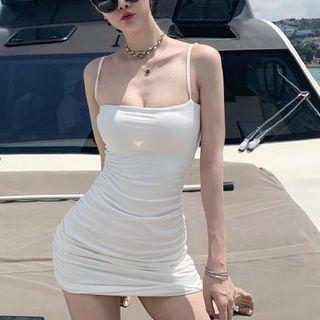 Shirred Front Plain Mini Sheath Dress