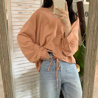 Long-sleeve Plain Drawstring Top