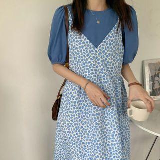 Set : Puff-sleeve Top + Floral Spaghetti-strap Dress