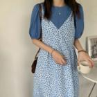 Set : Puff-sleeve Top + Floral Spaghetti-strap Dress