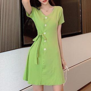 Short-sleeve Floral Button A-line Dress