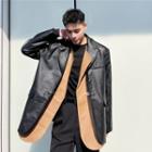 Long-sleeve Two-tone Faux Leather Plain Jacket