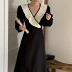 Long-sleeve V-neck Two-tone Midi A-line Dress