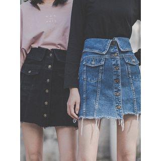 Fold-over Button-down Denim Skirt