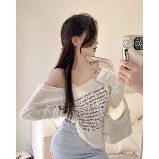 Long-sleeve Off-shoulder Lettering T-shirt White - One Size