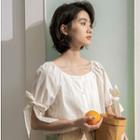 Striped Tie Cuff Short-sleeve Blouse Yellow Stripe - White - One Size