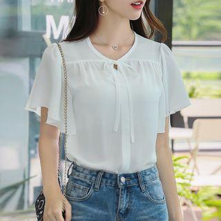 Plain Frilled Short-sleeve Chiffon Blouse