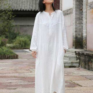 Puff-sleeve Linen Midi Dress