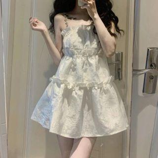 Spaghetti Strap Ruffle Trim A-line Dress Beige - One Size