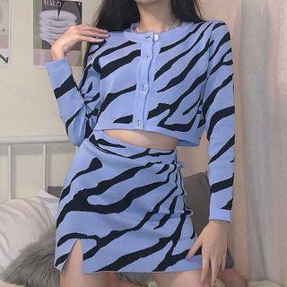 Set: Zebra Print Cardigan + Skirt Blue - One Size