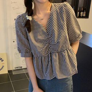 Puff-sleeve V-neck Plaid Blouse