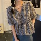 Puff-sleeve V-neck Plaid Blouse