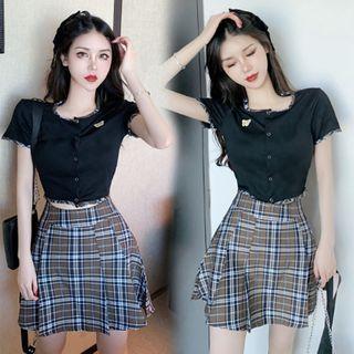 Set: Short-sleeve Button T-shirt + Plaid Mini A-line Skirt