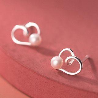 Heart Sterling Silver Faux Pearl Earring 1 Pair - S925 Silver - Silver - One Size