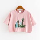 Cactus Embroidered Short-sleeve Cropped T-shirt
