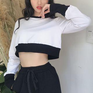 Long-sleeve Two-tone Crop T-shirt White - One Size