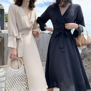 Long-sleeve Midi A-line Wrap Dress