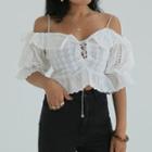 Short-sleeve Cold-shoulder Eyelet Lace Top White - One Size