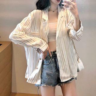 Striped Long-sleeve Blouse As Shown In Figure - One Size