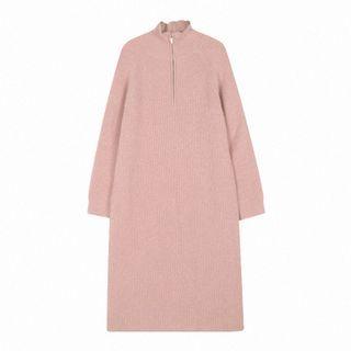 Long-sleeve Half-zip Knit Shift Dress