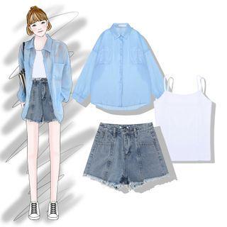 Pocket Detail Shirt / Camisole / Fringed Hem Denim Shorts