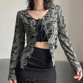 Long-sleeve Off-shoulder Distressed Tie-front Top