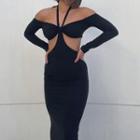 Long-sleeve Off-shoulder Cutout Midi Bodycon Dress
